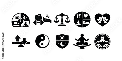 Collection of icons representing a balanced lifestyle and well-being concepts