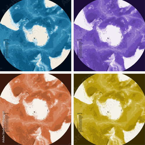 Antarctic Continent Bathymetric Ocean Depth Map - Stereographic Projection - Scalable Multi-Color Seafloor Relief Topography with Depth Legend Showing Continental Shelves Mid-Ocean Ridges and Abyssal