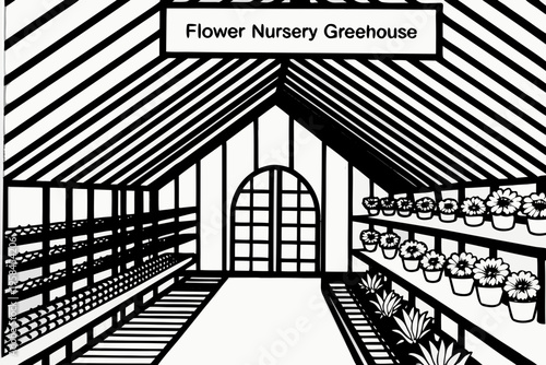 A black and white illustration of a flower nursery greenhouse with plants