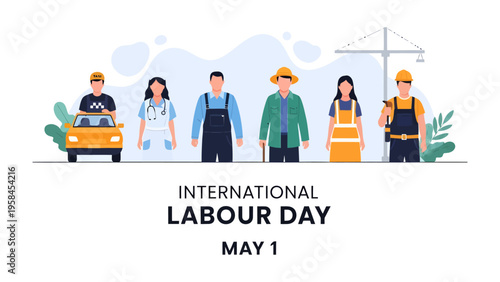 Labour Day Harmony: A vibrant illustration that captures a diverse group of individuals representing a spectrum of essential professions. They stand together.
