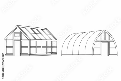 Line drawing of two greenhouse structures gable and quonset styles