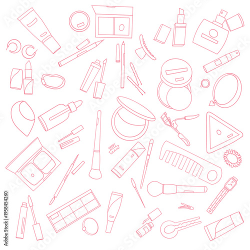 Beauty Cosmetics Outline Seamless Pattern on transparent Background, Makeup Tools Vector Illustration