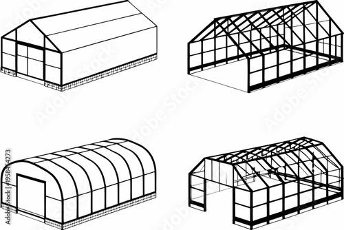 Architectural diagrams of various greenhouse structures in black and white