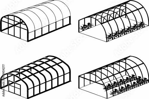 Architectural drawings of greenhouse structures in isometric perspective