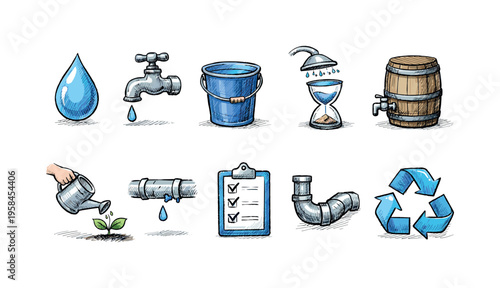Collection of hand-drawn icons representing water conservation and usage concepts