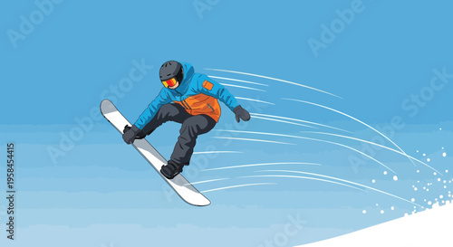 Dynamic illustration of a snowboarder performing a jump against a clear blue sky with snow effects