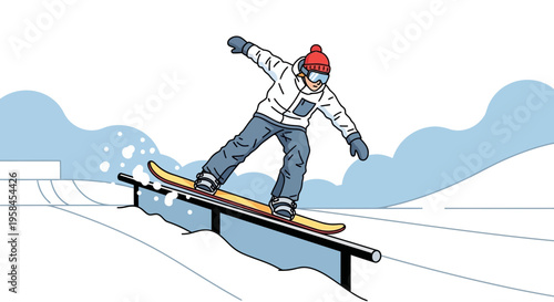 Exciting winter sports illustration Person performing a trick on a snowboard rail in a snowy landscape with snowbanks