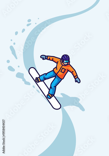 Dynamic illustration of a snowboarder performing a jump on a snowy slope, showcasing winter sports and outdoor recreation