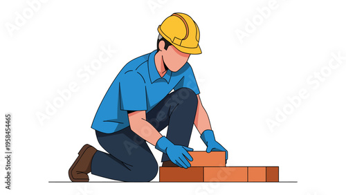 Bricklayer at Work: A construction worker carefully laying bricks to build a wall, showcasing skilled craftsmanship and the art of construction.