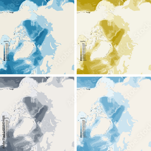 Arctic Council View Bathymetric Ocean Depth Map - Azimuthal Equal-Area Projection - Scalable Multi-Color Seafloor Relief Topography with Depth Legend Showing Continental Shelves Mid-Ocean Ridges and
