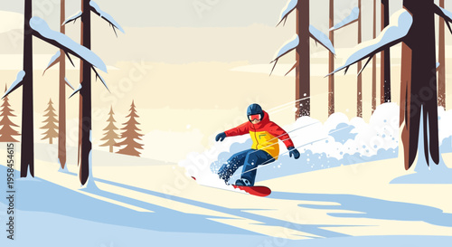 Excited snowboarder carving down a snowy mountain slope surrounded by snow-laden trees in a vibrant winter landscape illustration
