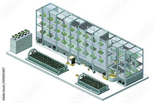 Isometric illustration of a modern vertical farming system with hydroponics