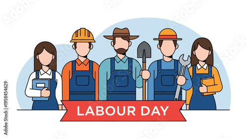 Labor Day Celebration: A diverse group of hardworking individuals is standing together, each holding a tool of their trade.