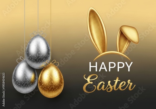 A luxury happy easter greeting card design featuring golden bunny ears and hanging metallic eggs