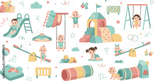 Kids playground activities vector illustration set with children playing on slides, swings, tunnels, and outdoor equipment in colorful park scenes for childhood design.
