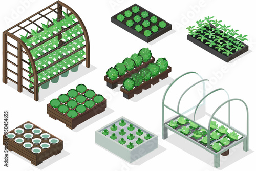 Isometric garden structures displaying seedlings and growing plants