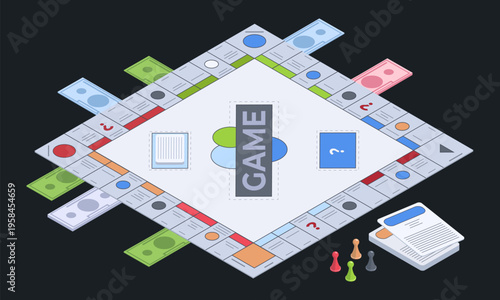 Isometric table game. Recreation 3d board gambling, monopoly game vector illustration on white background