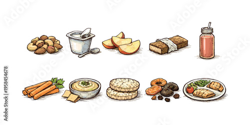 Collection of healthy snack options, including fruits, nuts, and prepared meals