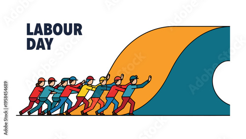 Labor Day of unity and strength: An illustration representing Labor Day, a collective of workers unitedly pushes a symbolic structure, embodying strength and collaboration.