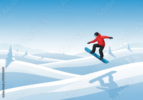 Dynamic illustration of a snowboarder executing a jump against a serene winter backdrop with snowy hills and trees