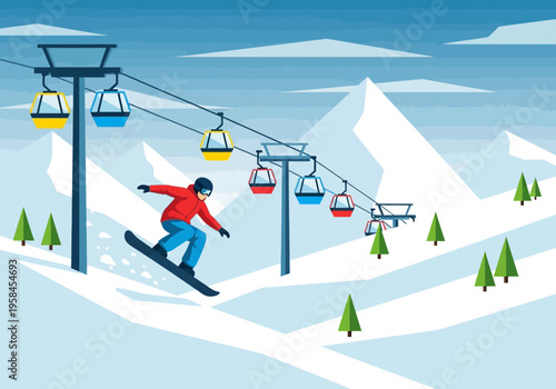 Snowboarder enjoying a thrilling ride down a snow-covered mountain with a ski lift in the background