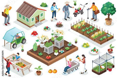 Isometric illustration depicting a vibrant community garden and agricultural scene