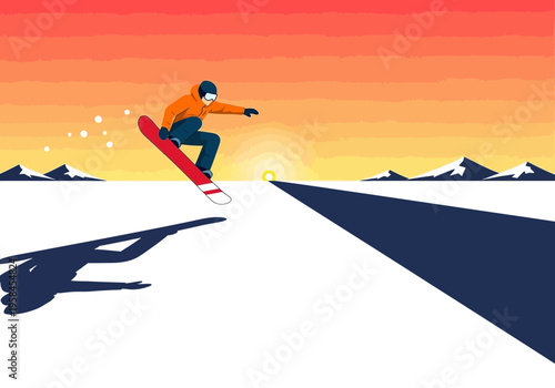 Dynamic illustration of a snowboarder catching air during a vibrant sunset over a snowy mountain landscape