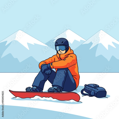A snowboarder dressed in an orange jacket and blue pants sits on a red snowboard, contemplating the snowy mountain landscape with a backpack nearby