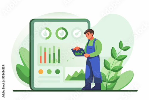 Farmer analyzes crop data on a large digital tablet in a field