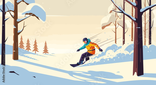 A snowboarder carving down a snowy slope surrounded by trees on a bright winter day