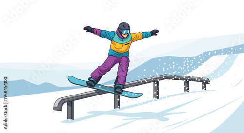 Young Person Snowboarding and Performing a Trick on a Rail in a Snowy Mountain Resort