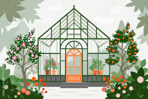 Charming greenhouse nestled within a vibrant garden blooming with colorful plants