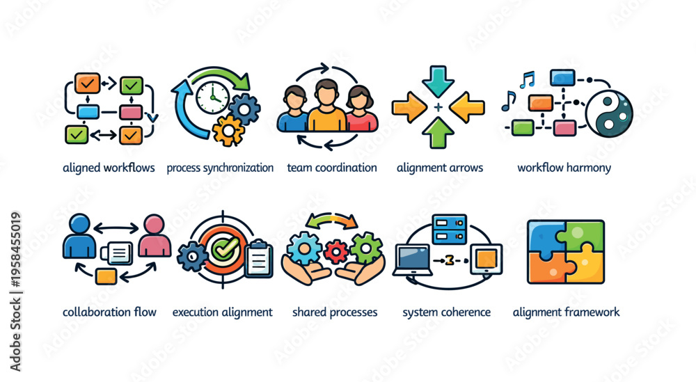 Fototapeta premium Collection of icons representing business processes, teamwork, and system alignment concepts