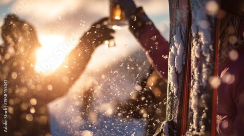 Friends enjoying apres ski celebration, toasting with drinks while snow falls at golden hour in winter mountains