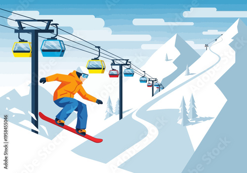 Snowboarder riding down a snowy mountain slope with ski lifts in the background, winter sports recreation scene