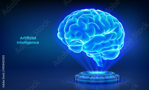 Holographic AI brain. Artificial Intelligence technology concept. Digital brain. Neural network. Holographic platform with glowing rays forming a projection of digital brain. Vector illustration.