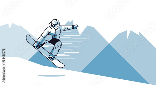 Dynamic illustration of a snowboarder mid-air against a backdrop of snow-capped mountains, capturing the thrill of winter sports