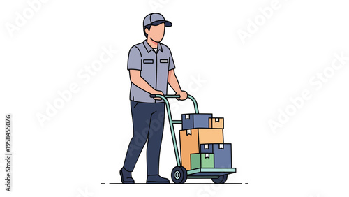 Delivery Service: An efficient delivery person handles packages on a hand truck, highlighting the swift movement of goods and reliability in logistical operations. 