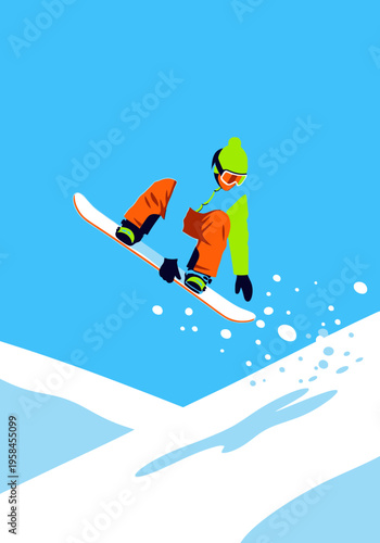 A thrilling winter sports image depicting a snowboarder mid-air, performing a jump on a snowy slope under a bright blue sky, capturing the exhilaration of the sport