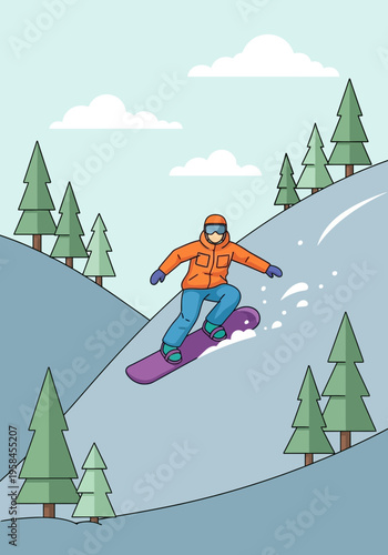 Snowboarder carving down a snowy mountain slope amidst pine trees under a cloudy sky