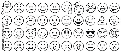 Collection of various emoticon faces and emojis on white background