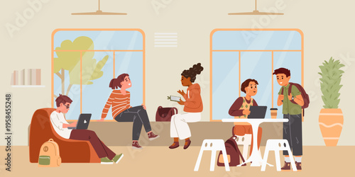 Diverse students relaxing and chatting during the break flat vector illustration.