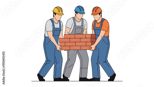 Building Together: A construction crew of three laborers collaborates to carry a stack of bricks, embodying teamwork, industry, and the process of constructing structures. 