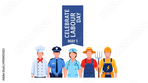 Labor Day Celebration: A diverse group of essential workers stand united, symbolizing the value of labor and the contributions of all workers, celebrated on May 1st.