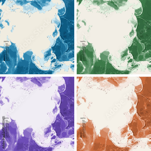 Asia Bathymetric Ocean Depth Map - Azimuthal Equal-Area Projection - Scalable Multi-Color Seafloor Relief Topography with Depth Legend Showing Continental Shelves Mid-Ocean Ridges and Abyssal Plains
