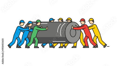 Industrial Teamwork: A group of skilled workers, united in purpose, collaborate to maneuver a massive industrial component.