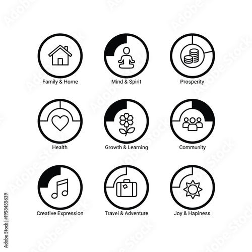 Set of Circular Icons Representing Life Areas.