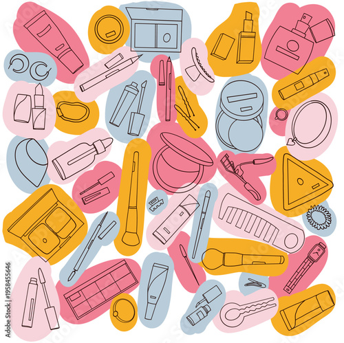 Beauty Cosmetics Outline Seamless Pattern on transparent Background, Makeup Tools Vector Illustration