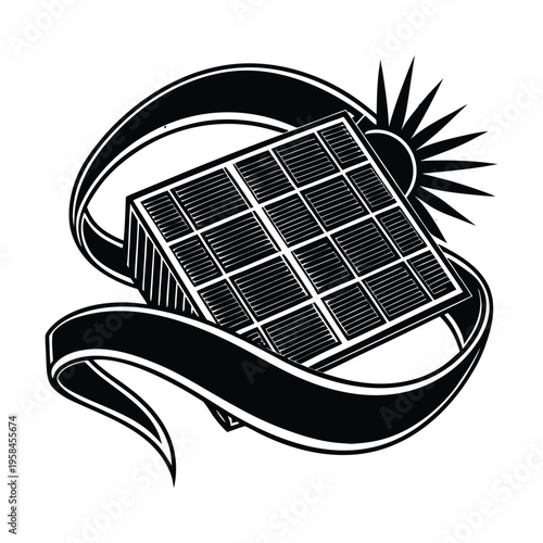 Vector solar panel icon with ribbon and sun