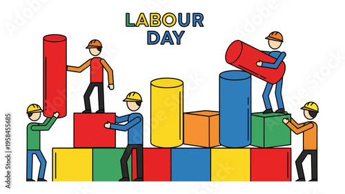 Labour Day Illustration: Celebrating Labour Day with an illustration of construction workers building colorful blocks, symbolizing collective effort and societal progress.